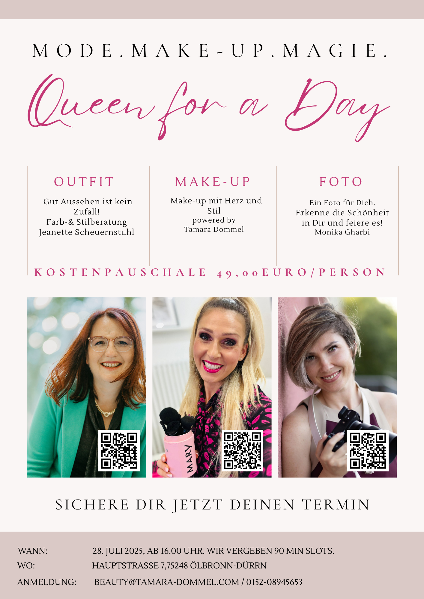 Flyer für das Event Queen for a Day bei Jeanette Scheuernstuhl am 28.07.2025. Outfit, Make-up, ein Foro